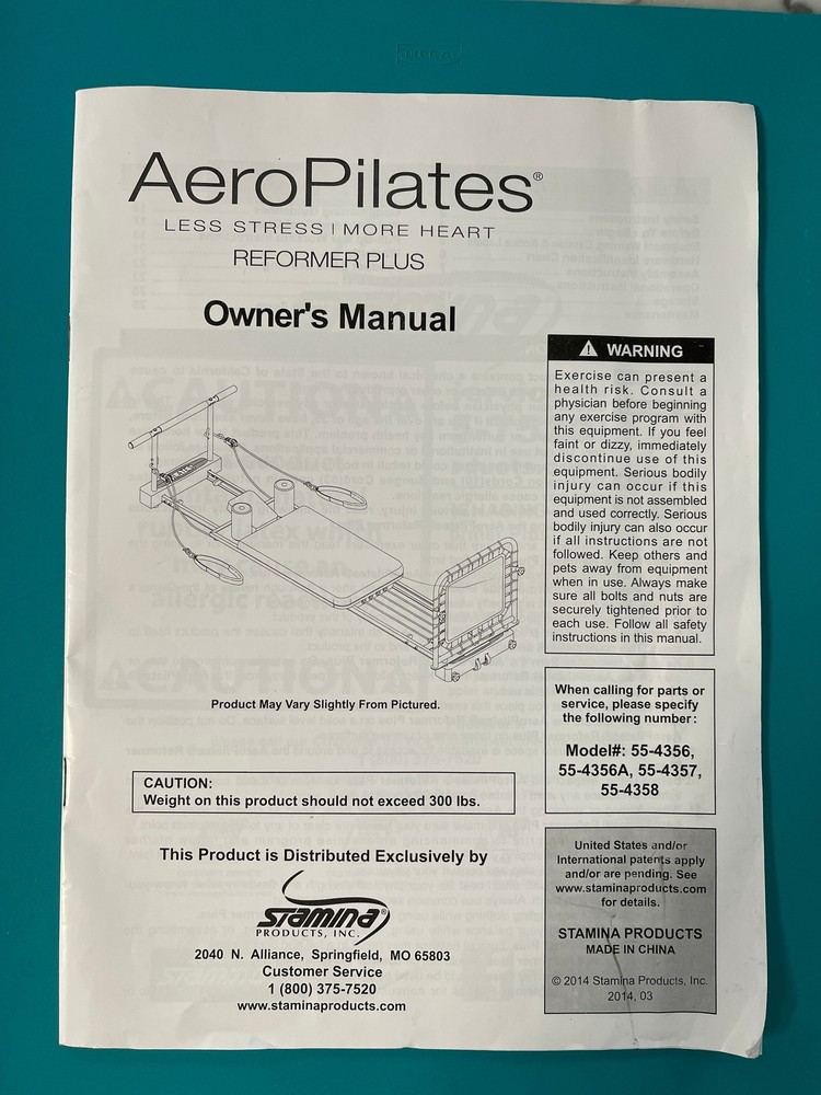 AeroPilates Reformer Pilates Owner’s Manual 55-4356, 57, 58 Assembly Instruction