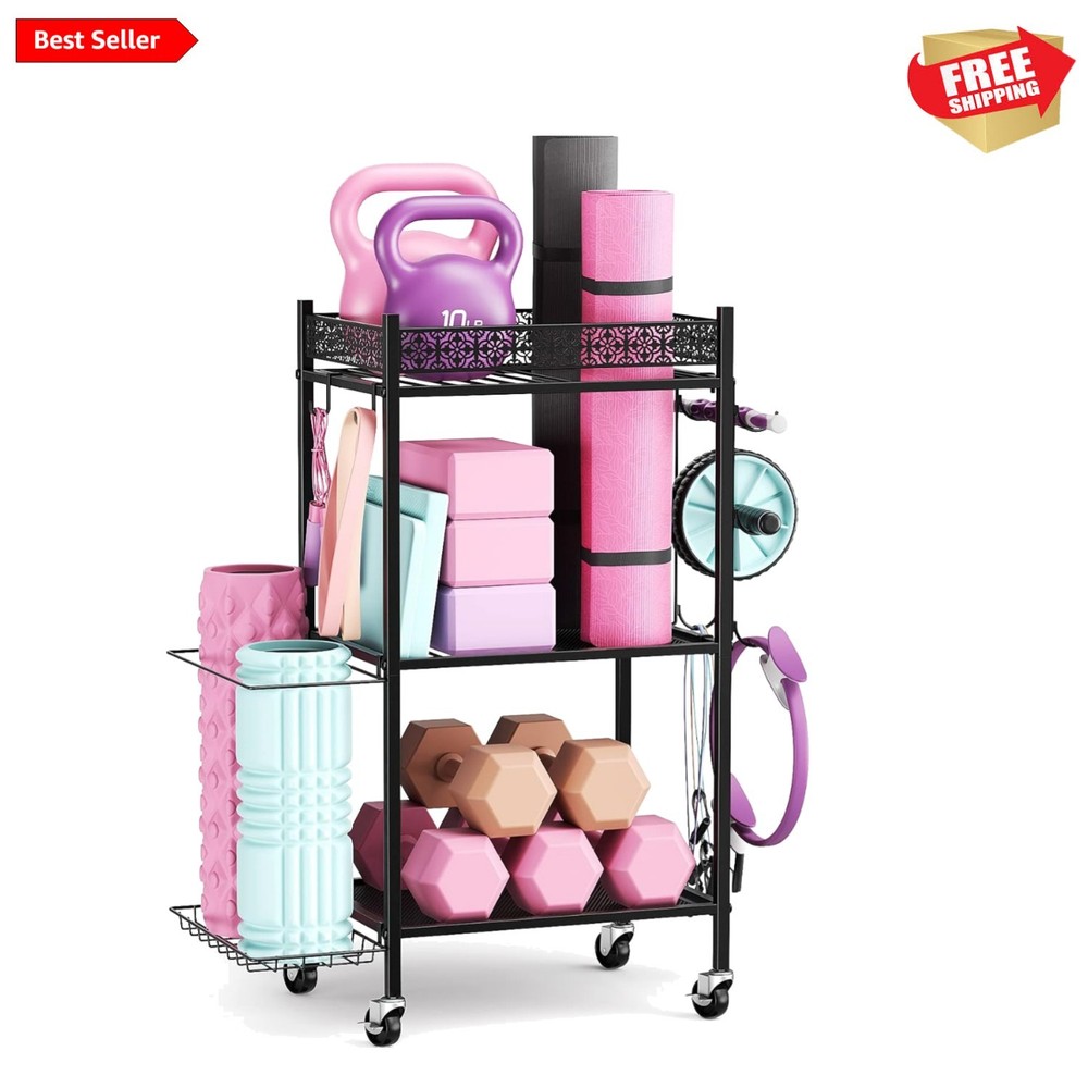 Portable Yoga Mat Storage Organizer with 360° Wheels & Hooks for Gym Gear