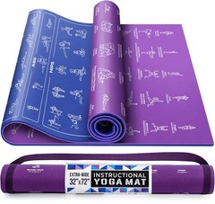 Yoga Mat with Carrying Strap – Illustrated Poses & Stretching Exercises, Non-Sli