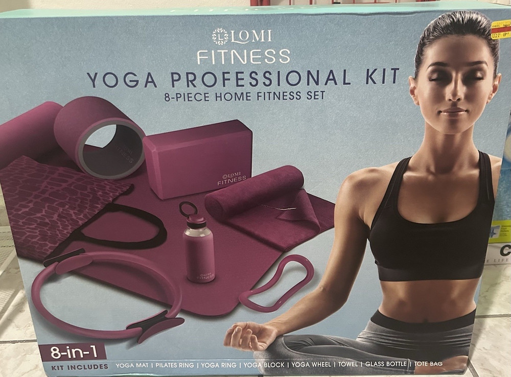 LOMI FITNESS Yoga Professional Kit 8pc Set w/ Mat Wheel Block Rings Purple