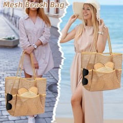 Beach Bags for Women, Mesh Beach Bag Tote, Summer Travel Foldable Pool Khaki