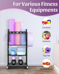 Home Gym Storage Rack for Yoga Mats and Weights with Hooks and Wheels