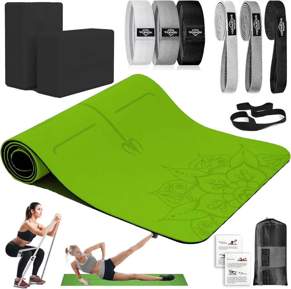 Yoga Mat Thick, 6 Fabric Resistance Bands, 2 Pack Yoga Blocks, Home Workout Equi
