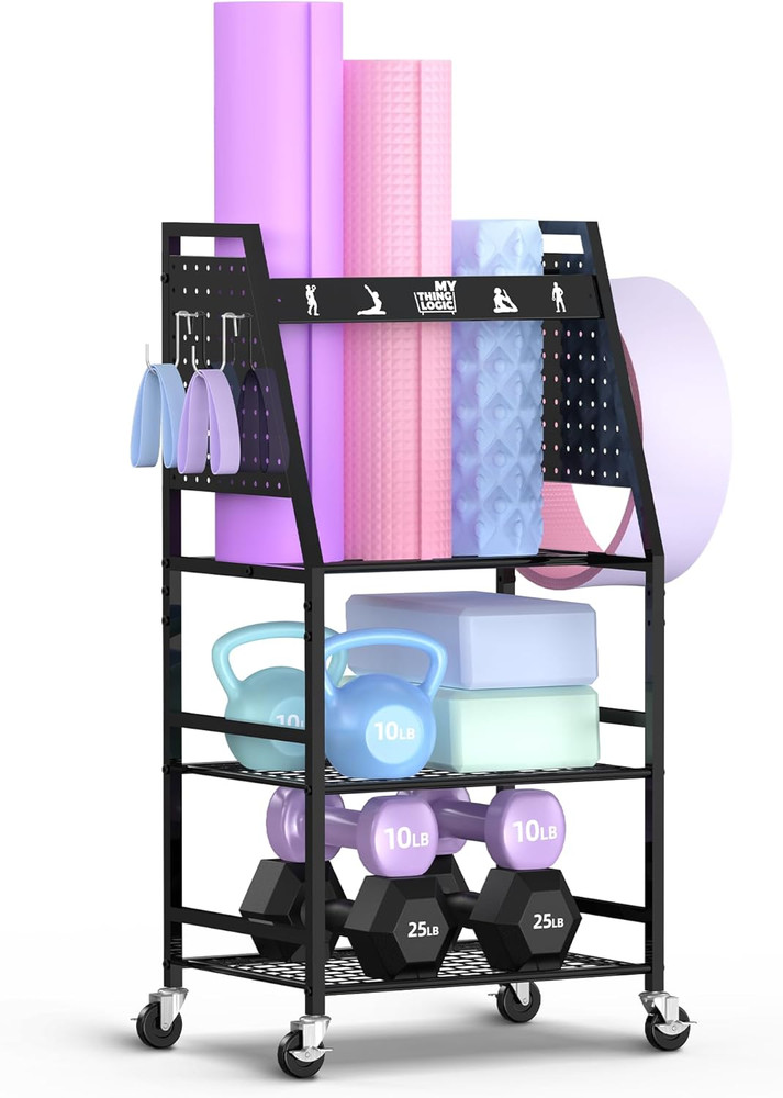Home Gym Storage Rack for Yoga Mats and Weights with Hooks and Wheels