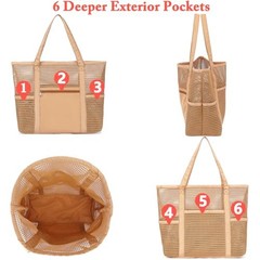 Mesh Beach Bag for Women, Summer Straw Tote Hobo Pool Bags Multi-pocket B, Tan