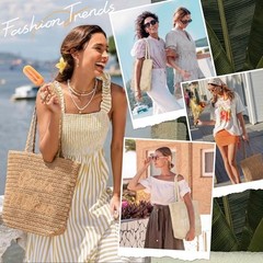 Beach Bags for Women – Straw Bag Woven Beach Tote, Summer Handmade Large Khaki