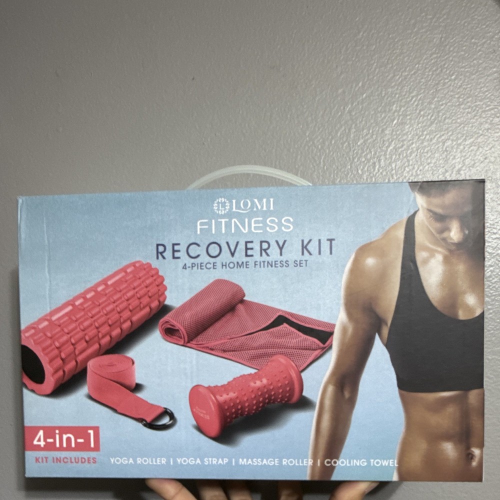 Lomi Fitness Recovery Kit 4pc Red Foam Set Yoga Roller Strap Massage Towel