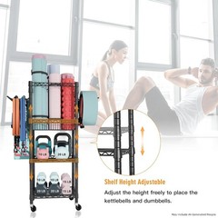Home Gym Storage 3 Tiers Workout Equipment Organizer W/ Wheels Yoga Mats Foam