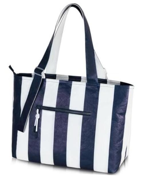 Large Waterproof Beach Bag for Women Pool Bags with Wet Blue Stripes