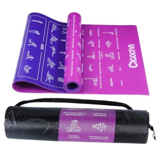 Instructional Travel Yoga Mat with 75 Asanas Poses & Exercises – Purple/Blue