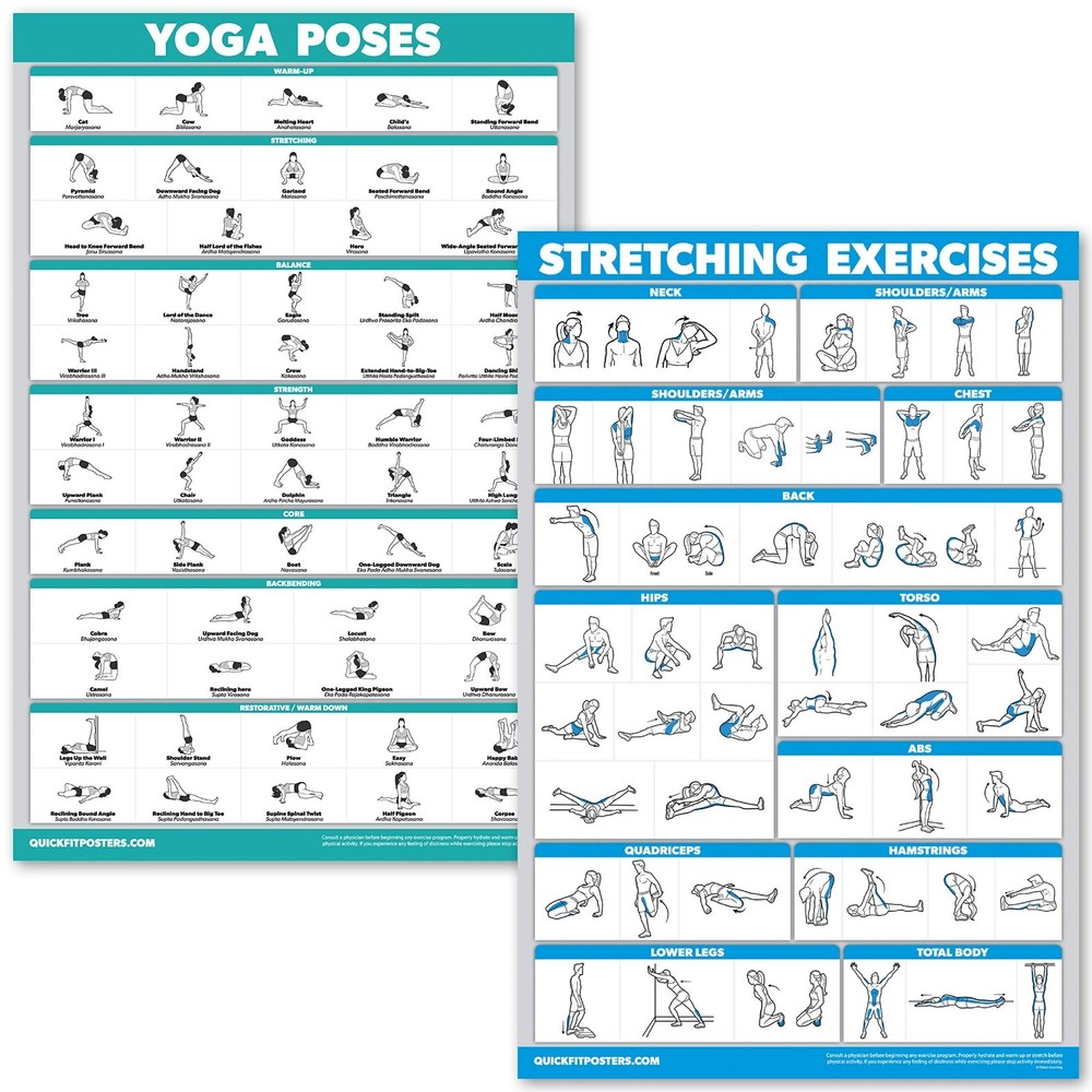 Yoga Poses & Stretching Exercise Poster Set – Laminated 2 Chart Set (18″x24″)