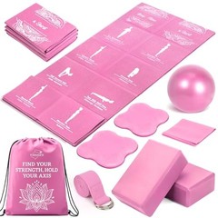 Foldable Yoga Mat and Blocks Set for Women with 2 Pack Yoga Blocks and Pink