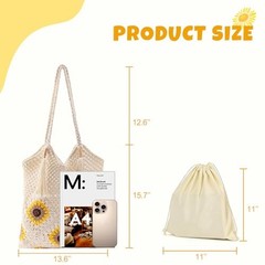 Crochet Beach Bag for Women: Handmade Sunflower Tote with Boho Fringe, Beige