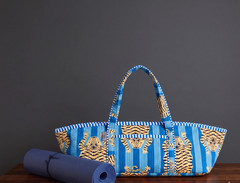 Blue Quilted Tiger Print Yoga Mat Bag: Indian Handmade 100% Cotton Tote Bag US