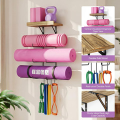 Yoga Mat Holder Wall Mount Home Gym Accessories with Wood Floating Shelves