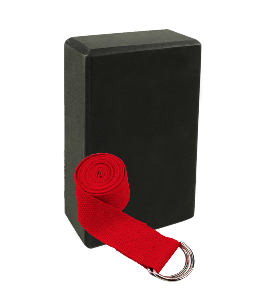 EVA Yoga Block Black High Density Easy Grip and Red Resistance Yoga Strap