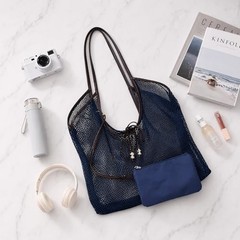 Mesh Beach Tote Bag with Zipper Pouch, Large Breathable Net Shoulder Bag Blue