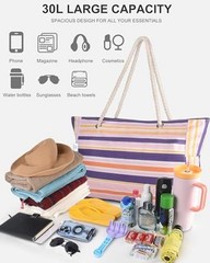Beach Bag for Women, Large Waterproof Sandproof Beach Tote with Zipper Pink2