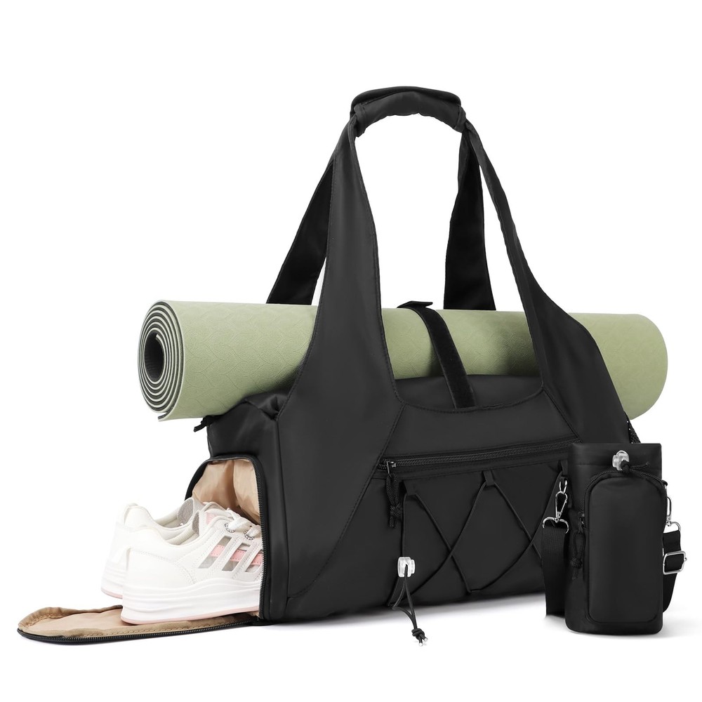 FULONEEI Gym Bag for Women, Yoga Mat with Shoe Compartment and Wet Black