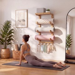 4 Tier Wooden Yoga Mat Holder Wall Mount, Yoga Mat Storage Rack, Home Gym Equ…