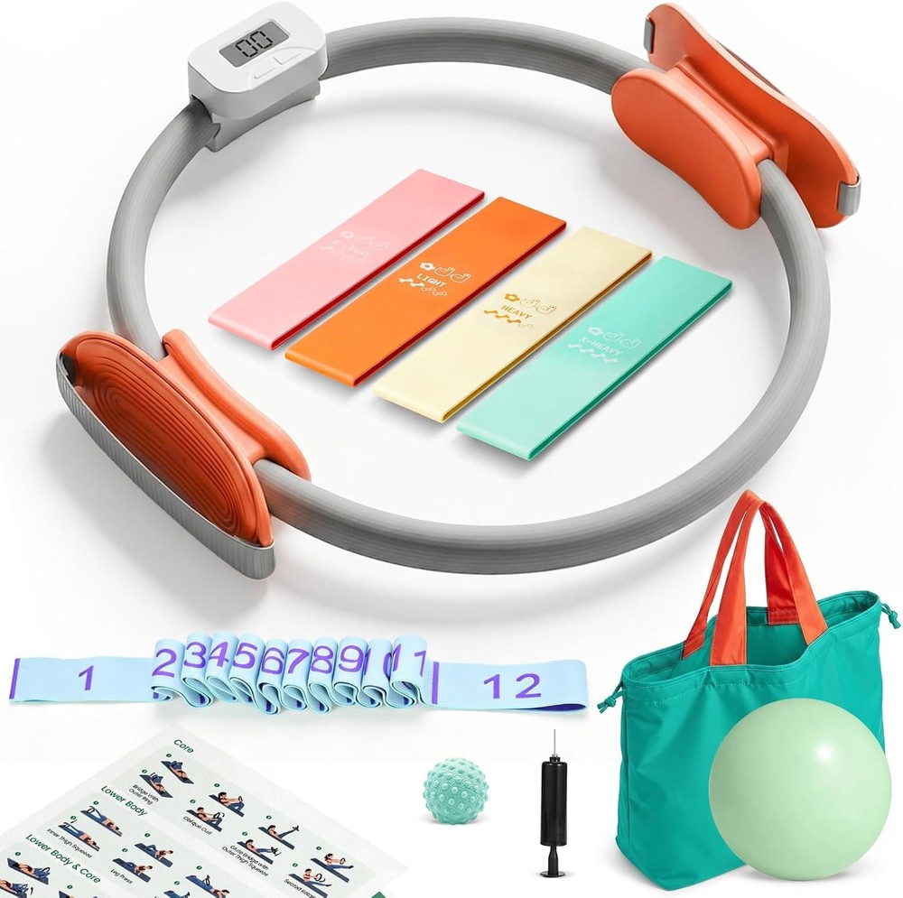 All-in-One Pilates Kit 13″ Magic Circle Ring Ball 5 Resistance Bands Workout Set