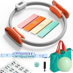 All-in-One Pilates Kit 13″ Magic Circle Ring Ball 5 Resistance Bands Workout Set