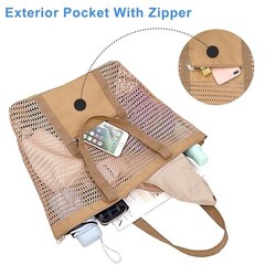 Mesh Beach Bags for Women with Zipper Foldable Hobo Tote Bag Vacation Khaki