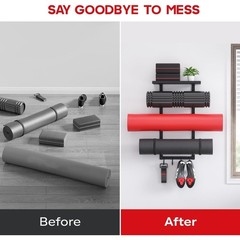 Yoga Mat Wall Mount Storage Rack with Hooks for Foam Roller Bands Home Gym