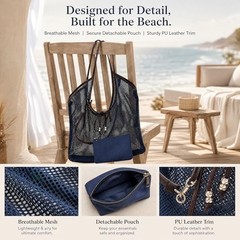 Mesh Beach Tote Bag with Zipper Pouch, Large Breathable Net Shoulder Bag Blue