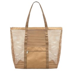 Mesh Beach Bags for Women with Zipper Foldable Hobo Tote Bag Vacation Khaki