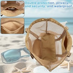 Mesh Beach Bags for Women with Zipper Foldable Hobo Tote Bag Vacation Khaki