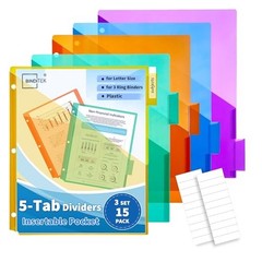 5-Tab Binder Dividers with One Front Pocket, Fits Standard 3-Ring 3 Set
