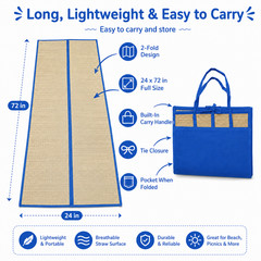 Set of 2 Natural Straw Beach Mats 24″ x 72″ – Multi-Purpose, Yoga Camping Picnic