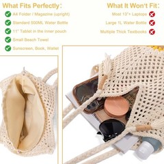 Crochet Beach Bag for Women: Handmade Sunflower Tote with Boho Fringe, Beige