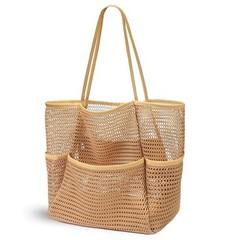Beach Bags for Women, Mesh Beach Bag Tote, Summer Travel Foldable Pool Khaki