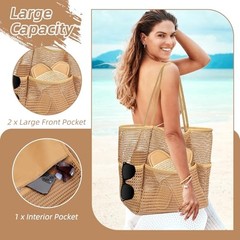 Beach Bags for Women, Mesh Beach Bag Tote, Summer Travel Foldable Pool Khaki