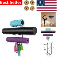 Yoga Mat Storage Rack Wall Mounted Black Metal 3 Hooks Exercise Band Foam Roller