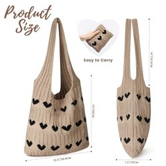 Crochet Tote Bag, Mesh Beach Bag, Knitted Shoulder Beach Bags Heart – Khaki