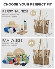Beach Bag Large Waterproof Sandproof Tote for Women with Zipper Medium Khaki