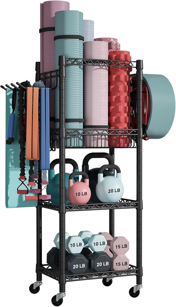 Home Gym Storage 3 Tiers Workout Equipment Organizer W/ Wheels Yoga Mats Foam
