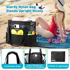 Mesh Beach Bag – Large Waterproof Beach Tote Bag with Zipper, Oversized Black
