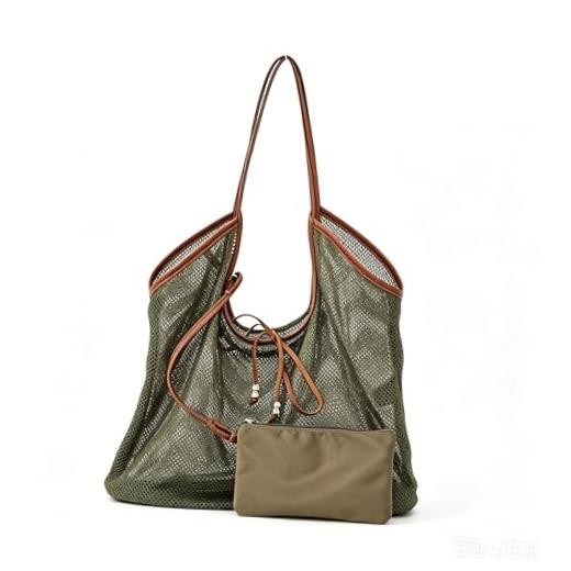 Mesh Beach Tote Bag with Zipper Pouch, Large Breathable Net Shoulder Bag Green
