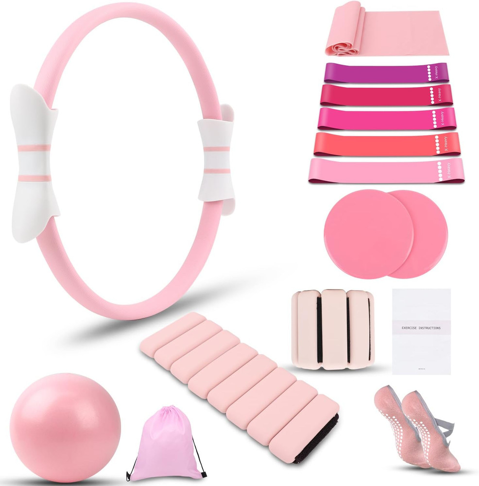 16 PCS Pink Pilates Ring and Ball Set for Women with 15″ Magic Circle,