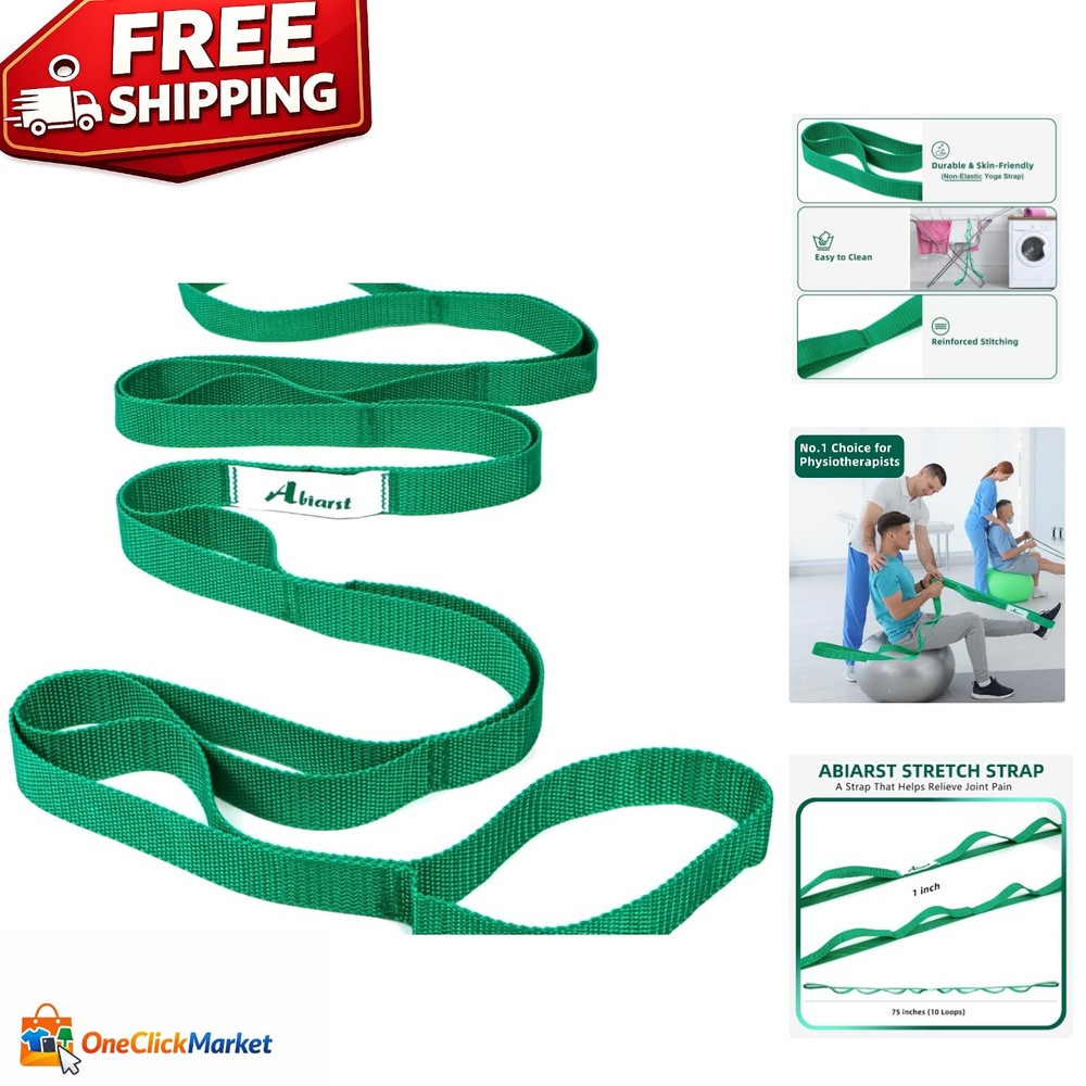 Non-Elastic Yoga Strap with 10 Loops for Pilates and Daily Stretching, Green