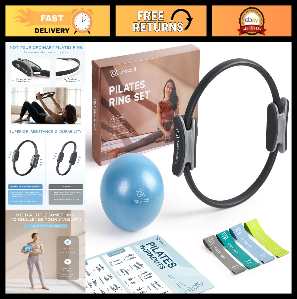 Pilates Ring Set – 14″ Magic Circle, Padded Handles, Mini Ball, Resistance Bands