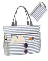 Beach Bag-Waterproof Sandproof Beach Totes with zipper Large Grey Stripe