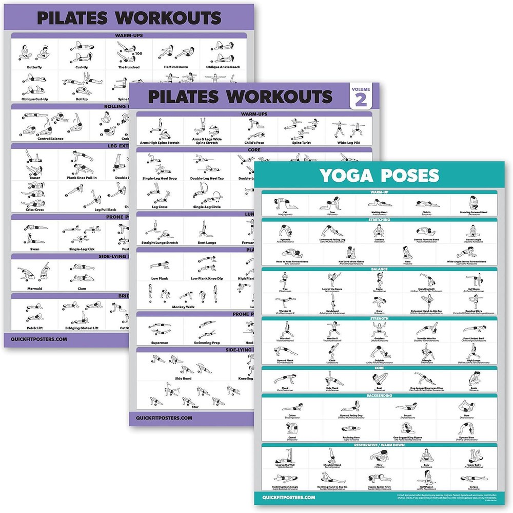 3 Pack – Pilates Workout Posters Volume 1 And 2 + Yoga Poses – Pilates Mat Work