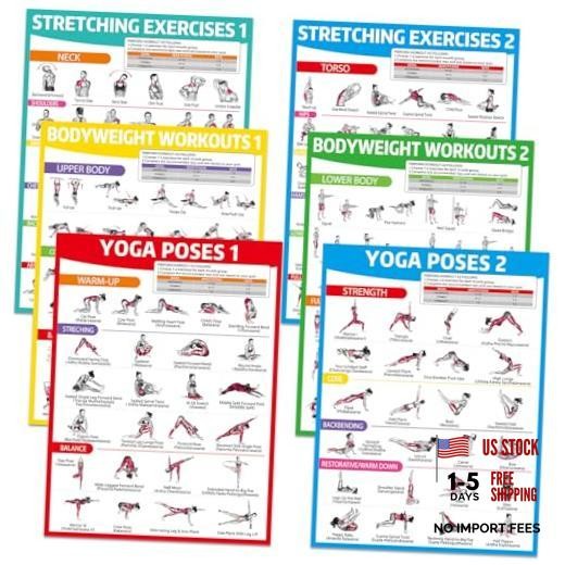 6PCS Workout Posters for Home Gym-Yoga Poses, Stretching and Bodyweight