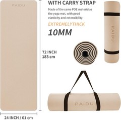 PAIDU Non-Slip Anti-Tear 10MM Thick POE Yoga Mat, 72x24in, with Strap