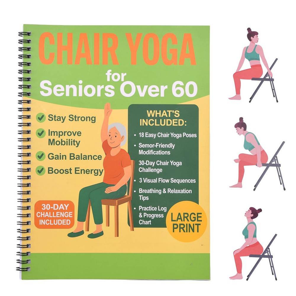 Chair Yoga for Seniors Over 60 Book & Chart, Gentle 8.5×11 inches, navy blue